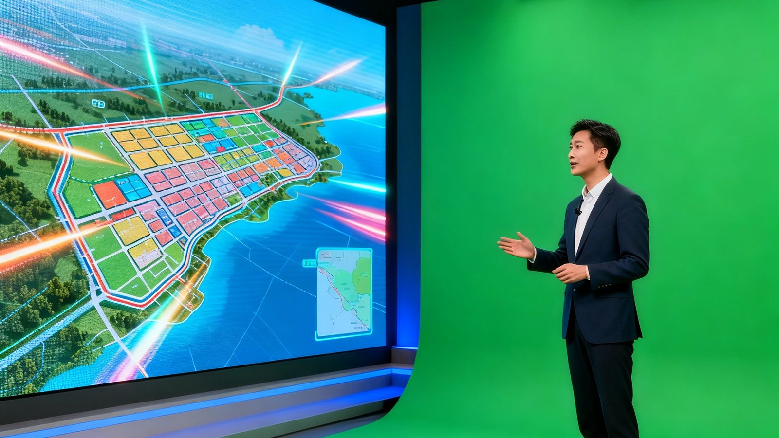 地方政府线上招商推介会虚拟直播棚内，主持人在绿幕前讲解区域规划，背后LED大屏实时合成虚拟背景