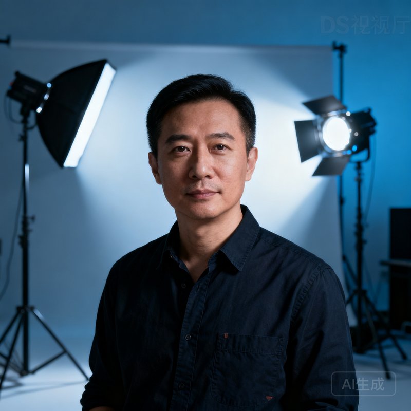 DS视讯厅创始人兼创意总监周明辉的半身肖像照，身着深色衬衫，背景为影棚灯光设备